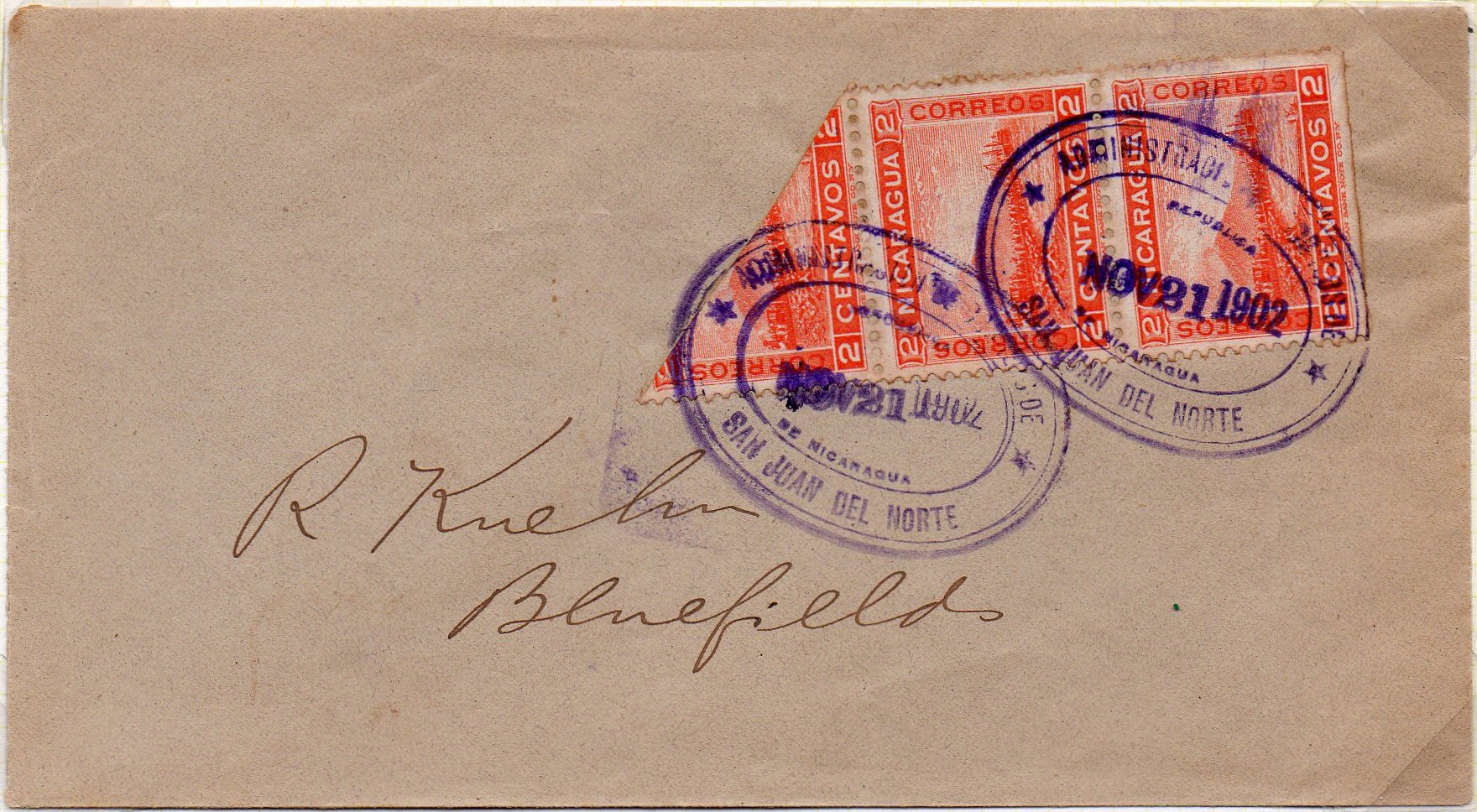 timbres-poste sellos postales stamps Nicaragua Momotombo Volcano & Train 1902 bisect on cover